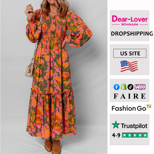 Dear-Lover all'ingrosso da donna manica a sbuffo floreale corpetto arricciato abito lungo Vestido Boho <span class=keywords><strong>abbigliamento</strong></span> bohémien - Product Image 1