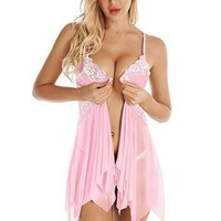 FF2043 pakaian tidur Babydoll leher V tembus pandang penutupan depan Hari Valentine Lingerie Babydoll renda bordir kamisol seksi