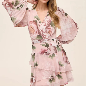 Women's Romantic Blush Pink Peony Floral Print V-Neck <b>Wrap</b>-Tie Waist Long Puff Sleeves Ruffle Chiffon Mini Dress for Wedding - Product Image 3