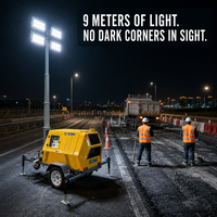 Phare télescopique diesel de 9 m, 160 000 lumens, LED haute luminosité, type remorque, éclairage pour engins de construction