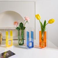 Vase en acrylique style Ins, transparent, blocs de couleur, vase floral, décoration artistique minimaliste pour salon, support de fleurs en plastique antichoc