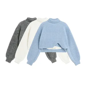 China Supplier Girls Stylish Long Sleeve Rib Knit Flipped High Neck Soft Women's Knitted Asymmetrical Pullover Sweater