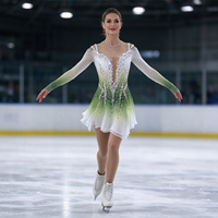 Robe de patinage artistique pour enfants et adultes, dégradé vert et blanc, maille à manches longues, dos en strass en forme de larme, pour compétition et spectacle