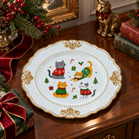 Assiette décorative élégante en plastique de 13 pouces, imprimée UV, chats de Noël avec bordure perlée dorée, pour la décoration de la maison et les tables de fête