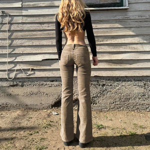 Corduroy Low-Waist Skinny Flared Pants with Pocket Panel and Button Detail <b>Y2K</b> Street Casual Fashion Style - Product Image 3