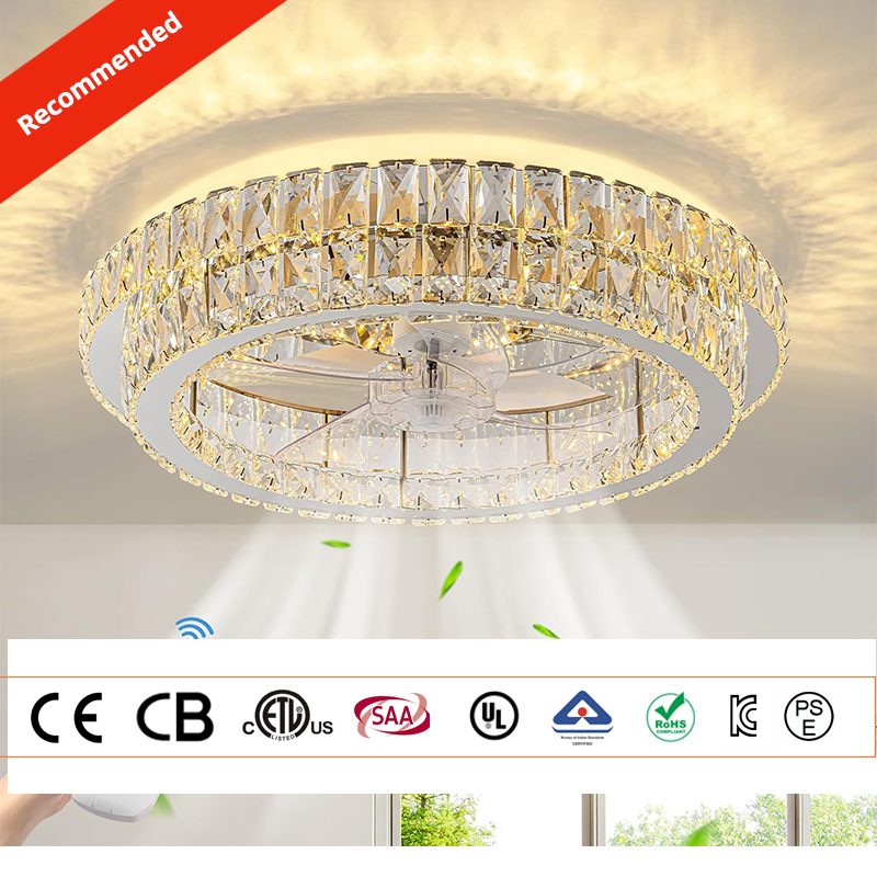Modern Luxury LED 5 Blades Full Spectrum Eye-care Dining Ceiling Fan Lamp with Shaking Head and Crystal Ceiling Fan