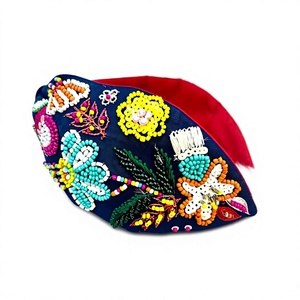 Handmade Ethnic Beaded <b>Hairband</b> With Colorful Floral Embroidery On Navy Fabric Casual Style Hair Accessory - Product Image 1