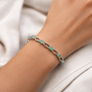 925 Sterling Silver Rhodium Plated Emerald <b>Gemstone</b> Link <b>Bracelet</b> for Women - Product Image 1