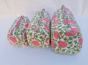 Quilted Cotton Block Print Wash <b>Bag</b> Handmade Embroidered Cosmetic Toiletry Travel Pouch For Women - Product Image 2
