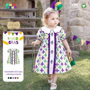 Puresun Prezzo all'Ingrosso 100% Cotone Abiti per Bambine con Stampa Personalizzata Fleur De Lis e Colletto Peter Pan, per Bambine da 1-6 Anni - Product Image 1