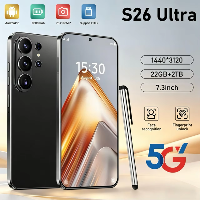 22GB+2TB S26 Ultra Android 16 7.3 Inch Dual Sim 5G Smartphone Latest Processor Wholesale 108MP Rear Camera Unlocked Cell Phone