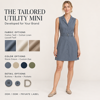 Robe mini utilitaire sans manches pour femme, col à revers cranté, avec ceinture à anneau en D et boutons ton sur ton, en sergé bleu ardoise, avec poches, personnalisable OEM, marque privée