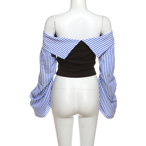 Hot Sale Long Sleeve Off Shoulder Asymmetric <b>Patchwork</b> Lace up Crop <b>Tops</b> and Blouses Fashion - Product Image 4