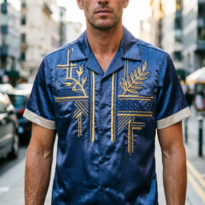 Camisa Vintage de Rayón de Manga Corta para <span class=keywords><strong>Hombre</strong></span>, Cuello Cubano Bordado, Estilo <span class=keywords><strong>Rockabilly</strong></span> de los Años 50 - Product Image 4