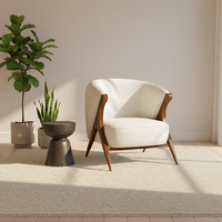 Fauteuil d'appoint moderne en bouclette avec structure en Y en bois massif et pieds en noyer, revêtement en lin, durable et écologique, mobilier de maison