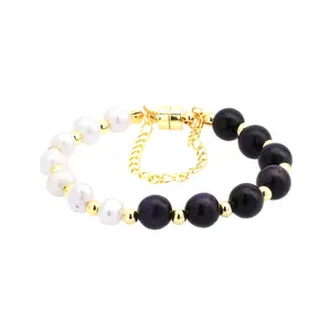 Natural Freshwater Pearl Black Onxy Crystal Stone Rutilated Quartz Round Beaded Lucky Bracelets For Women