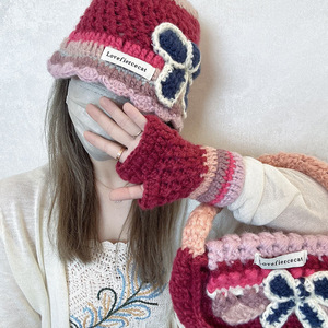 Lovefiercecat Knitted <b>Hat</b> Gloves <b>Bag</b> Set 3 Piece Winter Warmth Adult Acrylic Fiber 54-56cm Fresh Sweet Style - Product Image 2