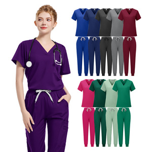 Women's V-Neck Scrub <b>Set</b> Short Sleeve Quick Dry Polyester Spandex Medical Uniform Split <b>Set</b> For Nurses Healthcare Workers - Product Image 1