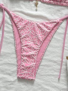 2025 Women's European American Sexy Lace-up Neck <strong>Bikini</strong> New Flower Fabric Bandeau <strong>Swimsuit</strong> <strong>Thongs</strong> Solid Pattern Logo Waist - Product Image 4