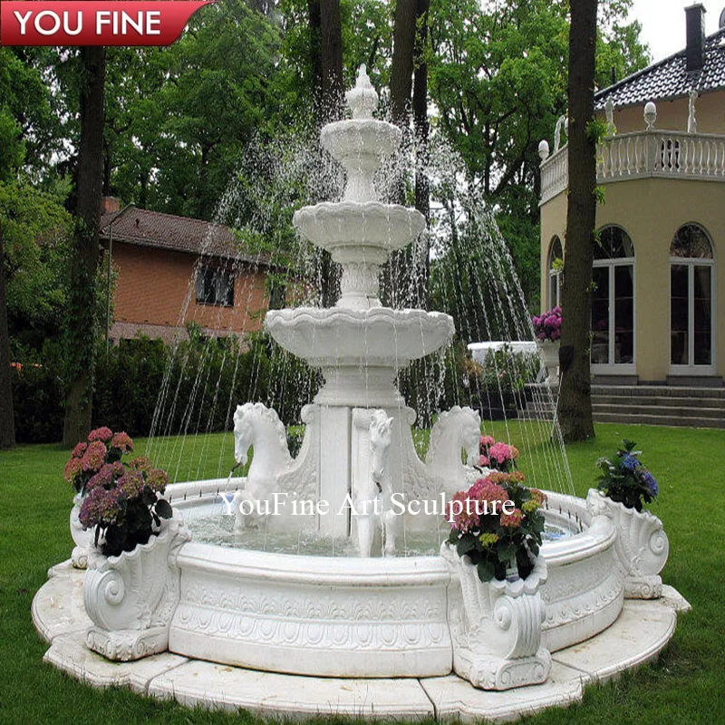 Fuente de piscina de piedra de mármol blanco Natural, estatua de caballo grande para jardín al aire libre