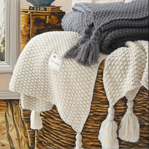 2026 New Arrival Cozy Warm 100% Polyester <b>Knitted</b> Ball Cover <b>Throw</b> Blanket Tassels Solid Pattern Customizable Four - Product Image 2