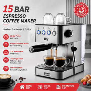 Machine à café expresso en acier inoxydable, 15 bars, avec buse vapeur, réservoir d'eau de 1,8 L, 850 W, pour usage domestique et commercial, cappuccino, latte - Product Image 3