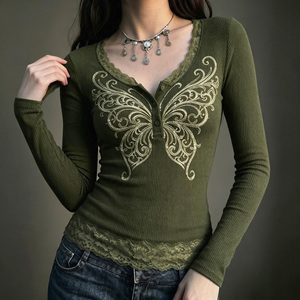 Top de Punto con Estampado de Mariposas y Encaje, Cuello en V, Botones al Frente, Estilo Y2K, Ajustado, Vintage, para Chicas Modernas - Product Image 1