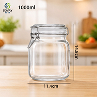 Pot en verre carré transparent avec couvercle à clip, récipient en verre carré réutilisable à couvercle basculant, pot en verre carré pour le stockage des aliments dans la cuisine