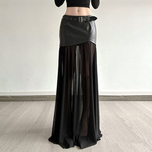 Falda Larga de Mujer Estilo Punk Oscuro con Hebilla Metálica, Parches de Malla y Cuero Sintético, Cintura Regular, Corte en A - Product Image 2