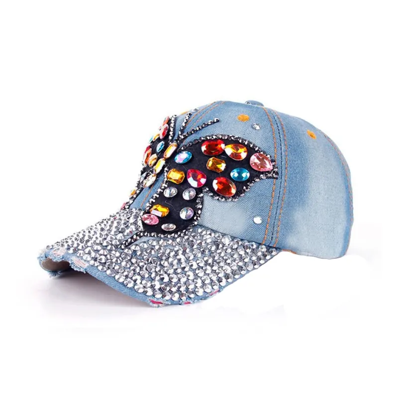 Boné unissex de brim, chapéu de cristal de denim com 6 painéis personalizado