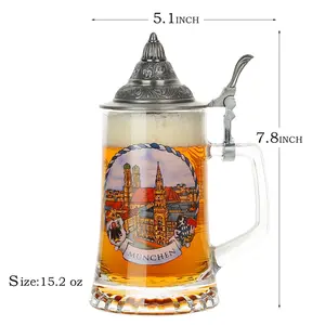 High quality 0.5L Beer Mug With Hand Home Bar Food Grade German Beer Steins Custom Large Capacity Beer Glass Cup with metal li