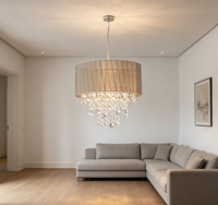 Luminaire suspendu en cristal de style transitionnel de luxe avec abat-jour en tissu transparent taupe