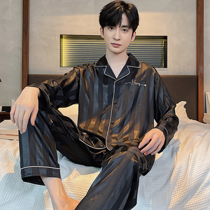 Piyama Pria Lengan Panjang Bahan Sutra Es Musim Semi Kerah Lapel Simpel Mewah Kasual Berkualitas Tinggi Setelan Dua Potong Baju Tidur - Product Image 2