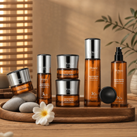 Großhandel Luxus Goldgeprägte Siebdruck-Kosmetikset mit Eigenem Logo in Bernsteinglas, Silberkappe 50g Cremetiegel 40ml Lotionspender