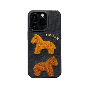 Cute cowboy leather embroider plush brown horse phone case stitchwork <b>back</b> cover for iPhone 11 pro max 12 13 14 15 16 17Air - Product Image 5