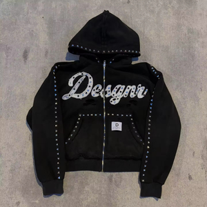 Vente en gros de sweats à capuche personnalisés pour hommes, effet délavé, en molleton épais, zippés, avec appliques en strass, style streetwear, fabricant - Product Image 2
