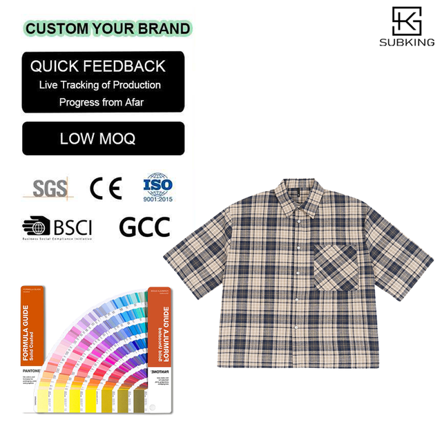 High Quality Heavy Cotton Breathable 140G Plaid Button-Up Boxy Shirts Customizable DTG printing Street Style Loose Fashion shirt