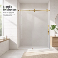 Paroi de douche nordique sans cadre en verre trempé, finition or brillant, minimaliste, avec porte coulissante simple et roulettes carrées dorées lisses