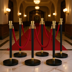 Set di 6 Pali Delimitatori in Acciaio Inox Nero con Corda in Velluto Rosso da 1,5m per Eventi, Feste, Matrimoni, Mostre, Teatri - Product Image 2