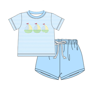 Conjunto de 2 piezas de camiseta y pantalones cortos de lana transpirable con estampado de velero para niños, estilo casual de primavera y otoño, y pelele burbuja para bebé, para hermanos. - Product Image 5
