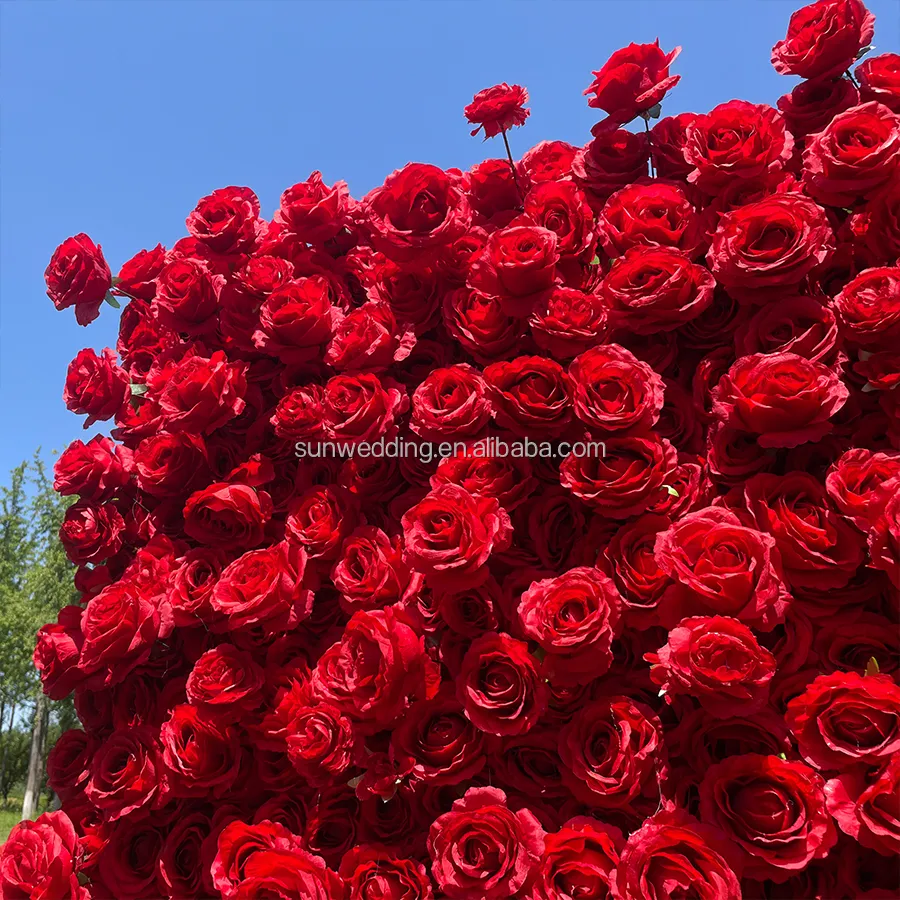 Sunwedding Zijde 3d Kunstmatige Bloem Muur Voor Bruiloft Decoratie Doek Terug Oprollen Rode Roos Bloem Muur