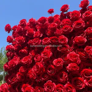 Sunwedding seda 3D Pared de flores artificiales para decoración de boda tela trasera enrollable Pared de flores de rosas rojas