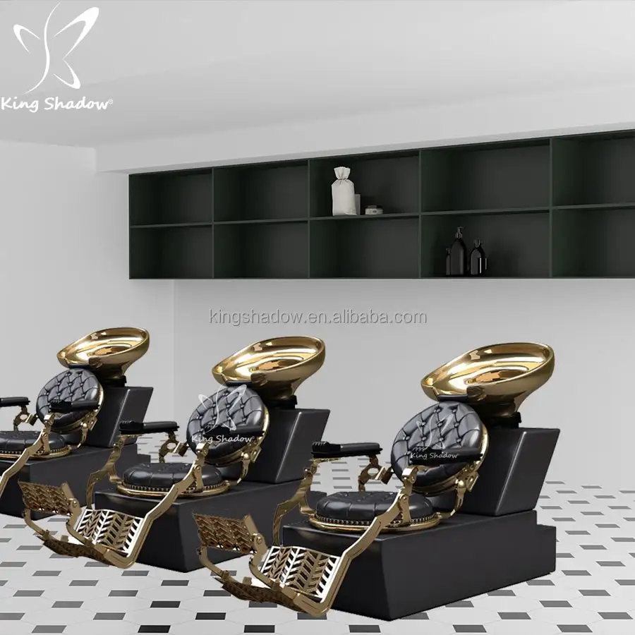 Kingshadow — meuble de salon de coiffure, chaise de station de shampooing, pour barbier, lavage des cheveux, avec bol en or, classique, inclinable, unité de lavage