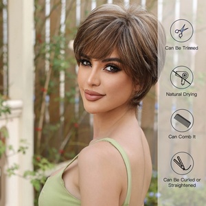 สั้นPixieตัดวิกผมสังเคราะห์กับBangsสีน้ําตาลผสมสีบลอนด์Layered Bobวิกผมผู้หญิงธรรมชาติทุกวันคอสเพลย์ปาร์ตี้ผมปลอม - Product Image 3