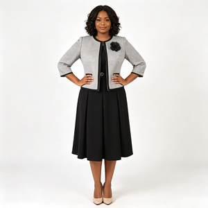 Ensemble élégant deux pièces pour femmes grandes tailles, veste à carreaux avec robe mi-longue à appliques, tenue formelle d'automne - Product Image 6