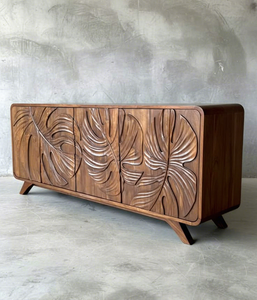 Aparador Moderno Blanco de Madera con Tallado de Hojas Hecho a Mano, Aparador de 4 Puertas - Product Image 5
