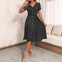 Nouvelle Collection Été 2025 – Robe Trapèze Femme Chic à Pois, Col V Sexy, Double Boutonnage, Manches Courtes