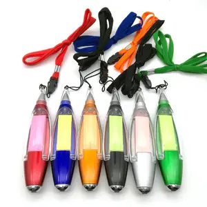 Customized Printing Slogan Neck Hanging Strap Lanyard Unique lamp design Multifunction 3-in-1 Memo LED Light Pen Ballpoint Pen