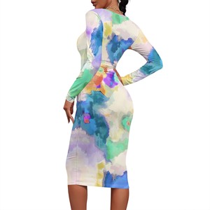 Vestido Midi de lino No tejido con cuello redondo y logotipo personalizado, manga larga, informal, para oficina, impresión digital, lavable, Empire S para Otoño y verano - Product Image 5