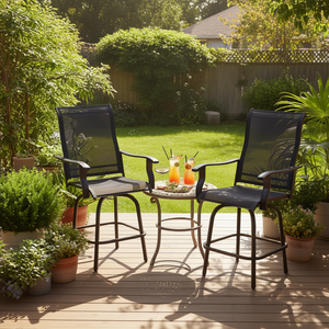 Tabourets de bar pivotants d'extérieur avec structure en acier noir, chaises de patio hauteur bar pour balcon, bord de piscine, jardin - Product Image 2